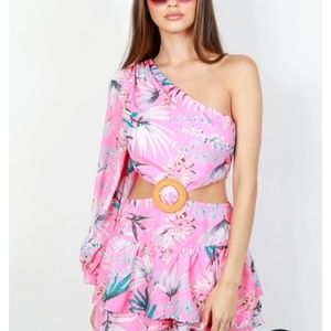 One shoulder Hawaiian print ring o romper